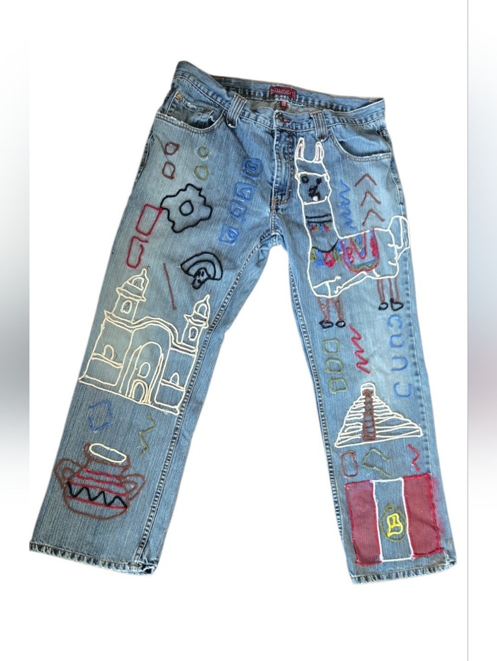 Vintage Plugg Jeans Mens 38x32 Embroidered Peru Llama Flag Folk Art Denim Y2K